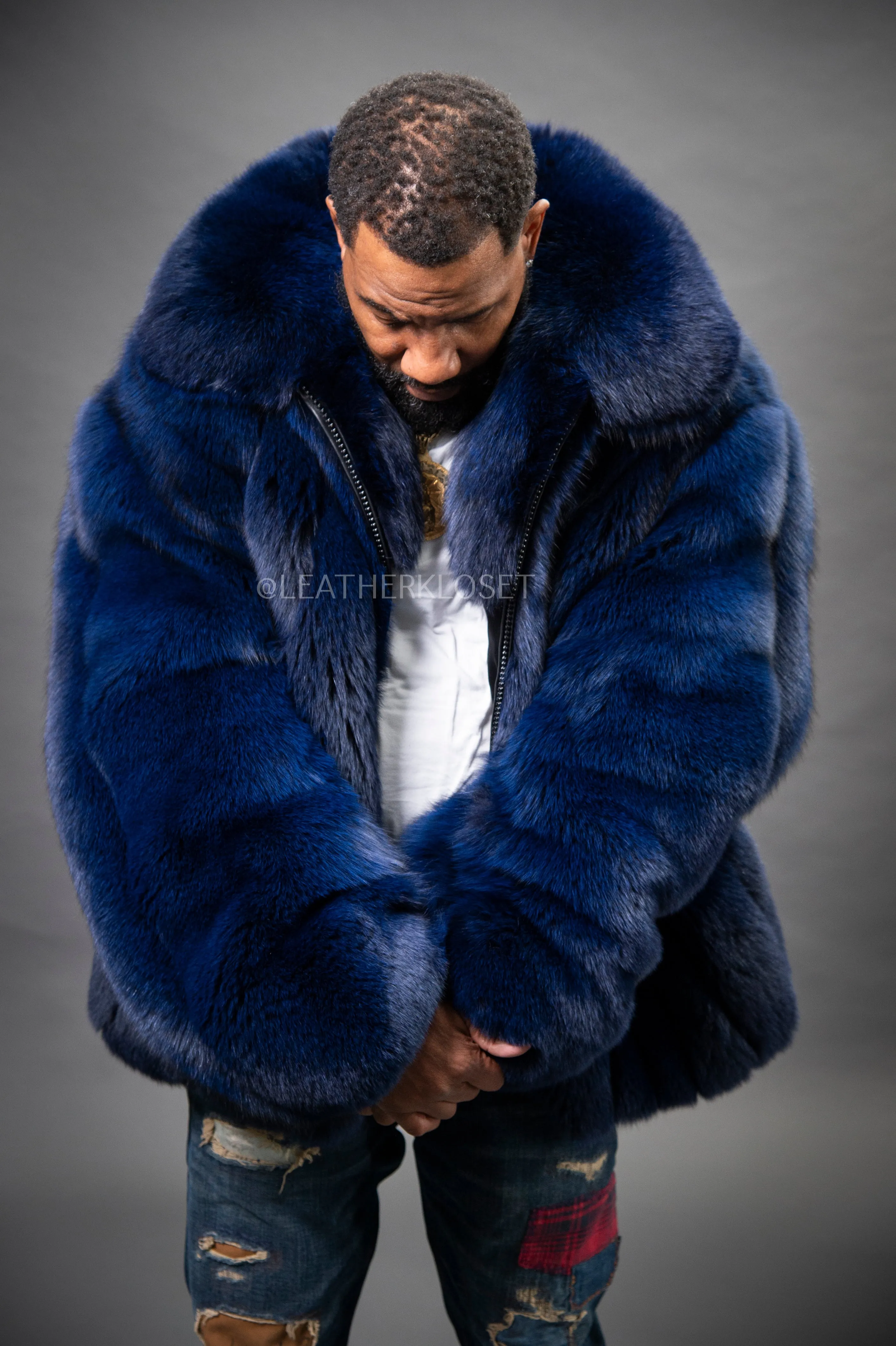 Men's Fox Fur Bomber Jacket [Navy Blue]