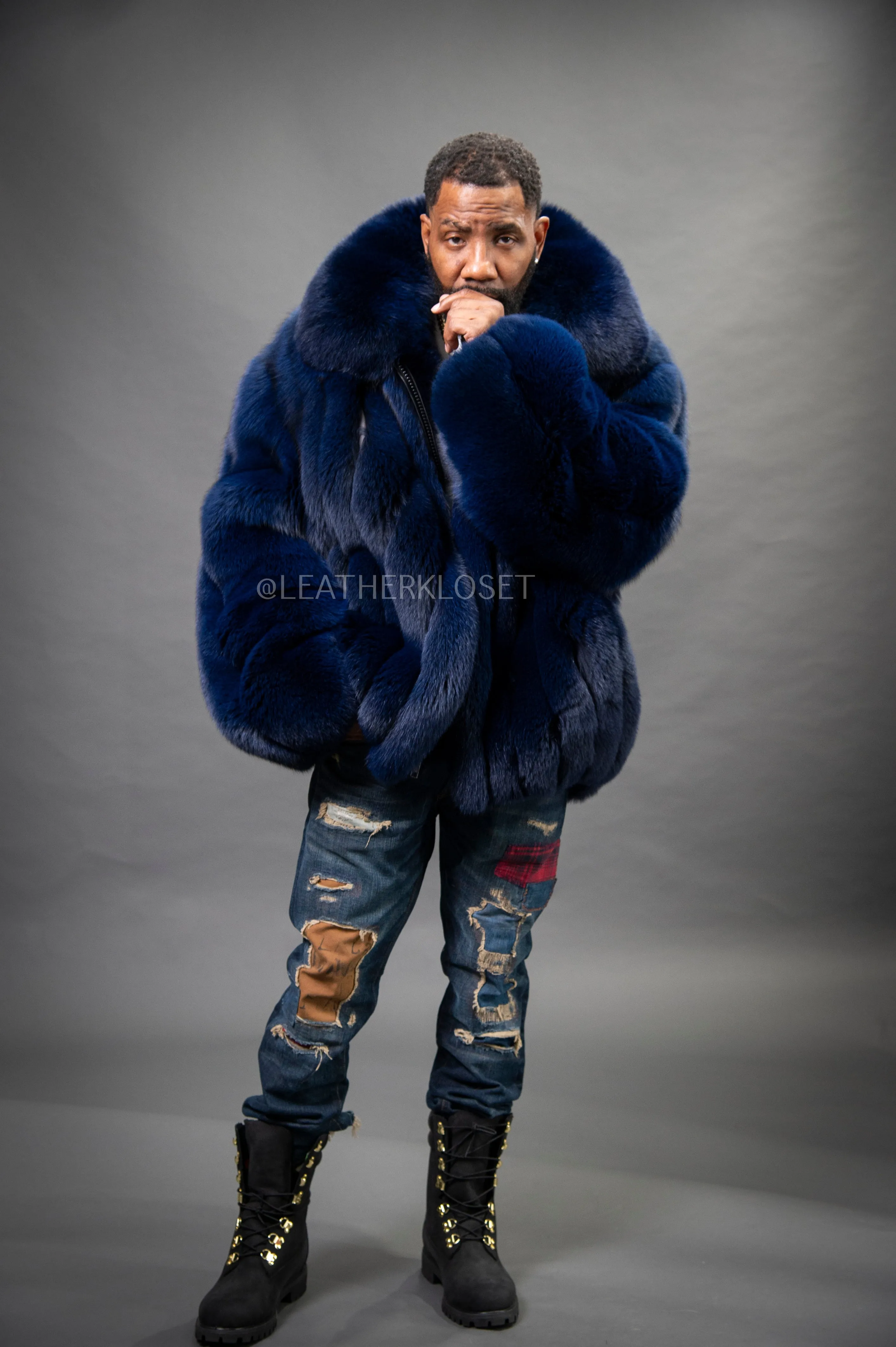 Men's Fox Fur Bomber Jacket [Navy Blue]
