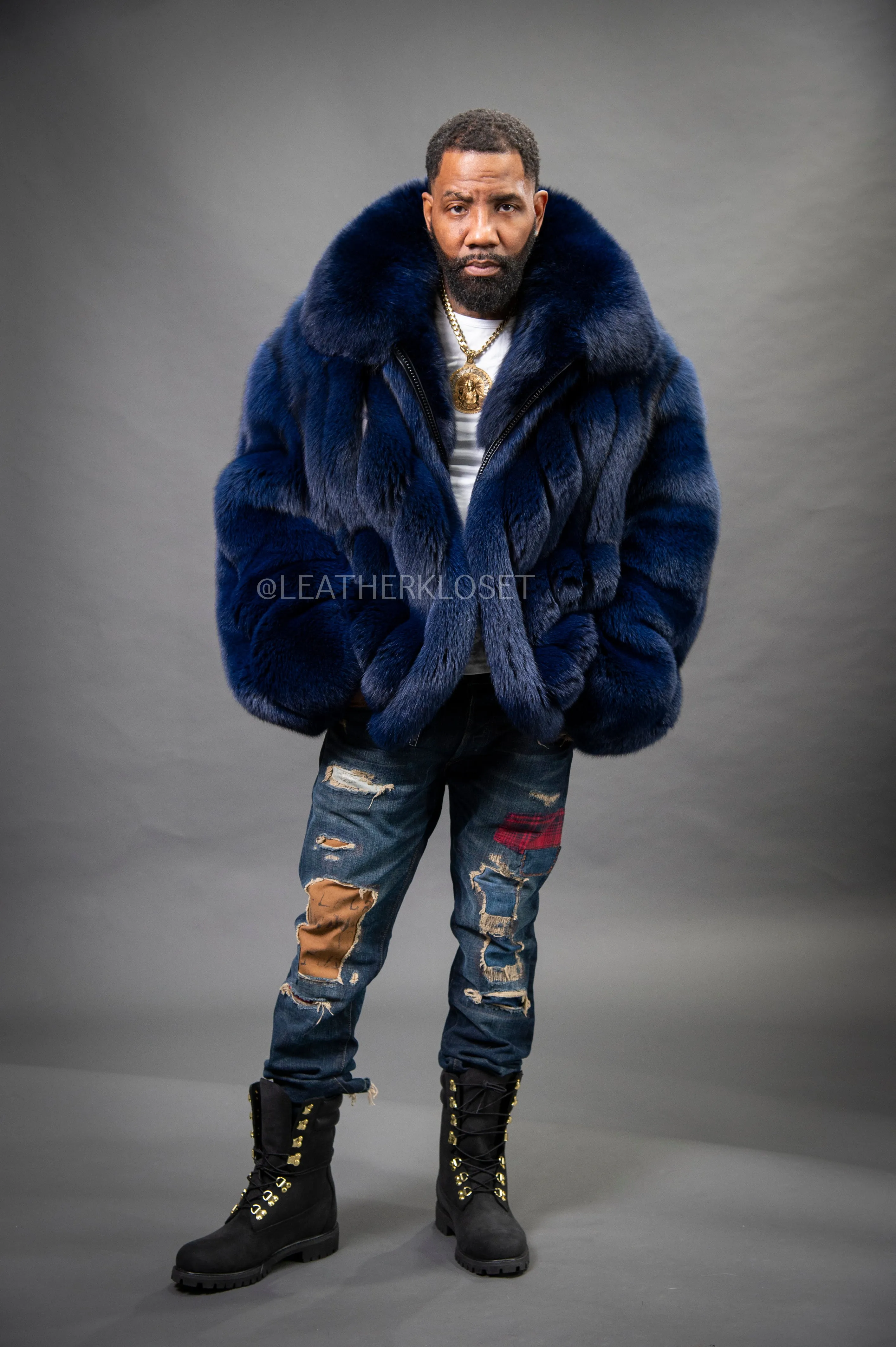 Men's Fox Fur Bomber Jacket [Navy Blue]