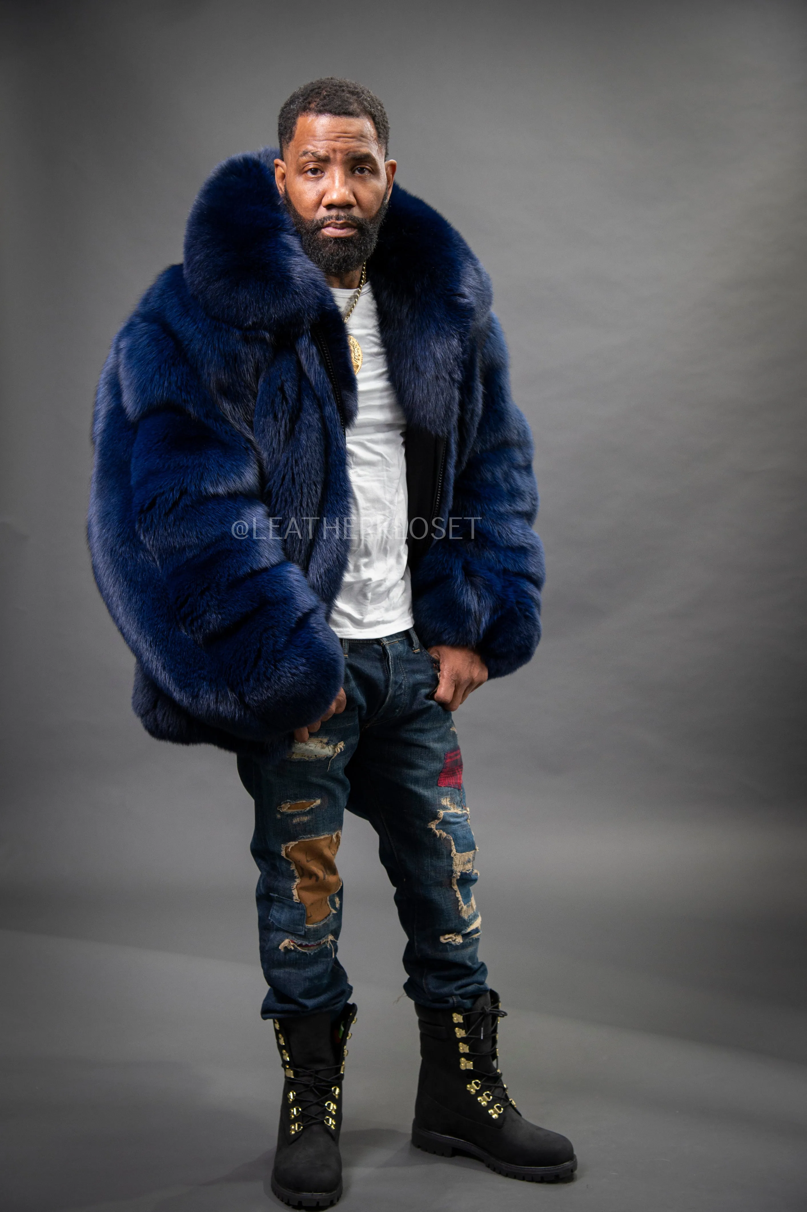 Men's Fox Fur Bomber Jacket [Navy Blue]