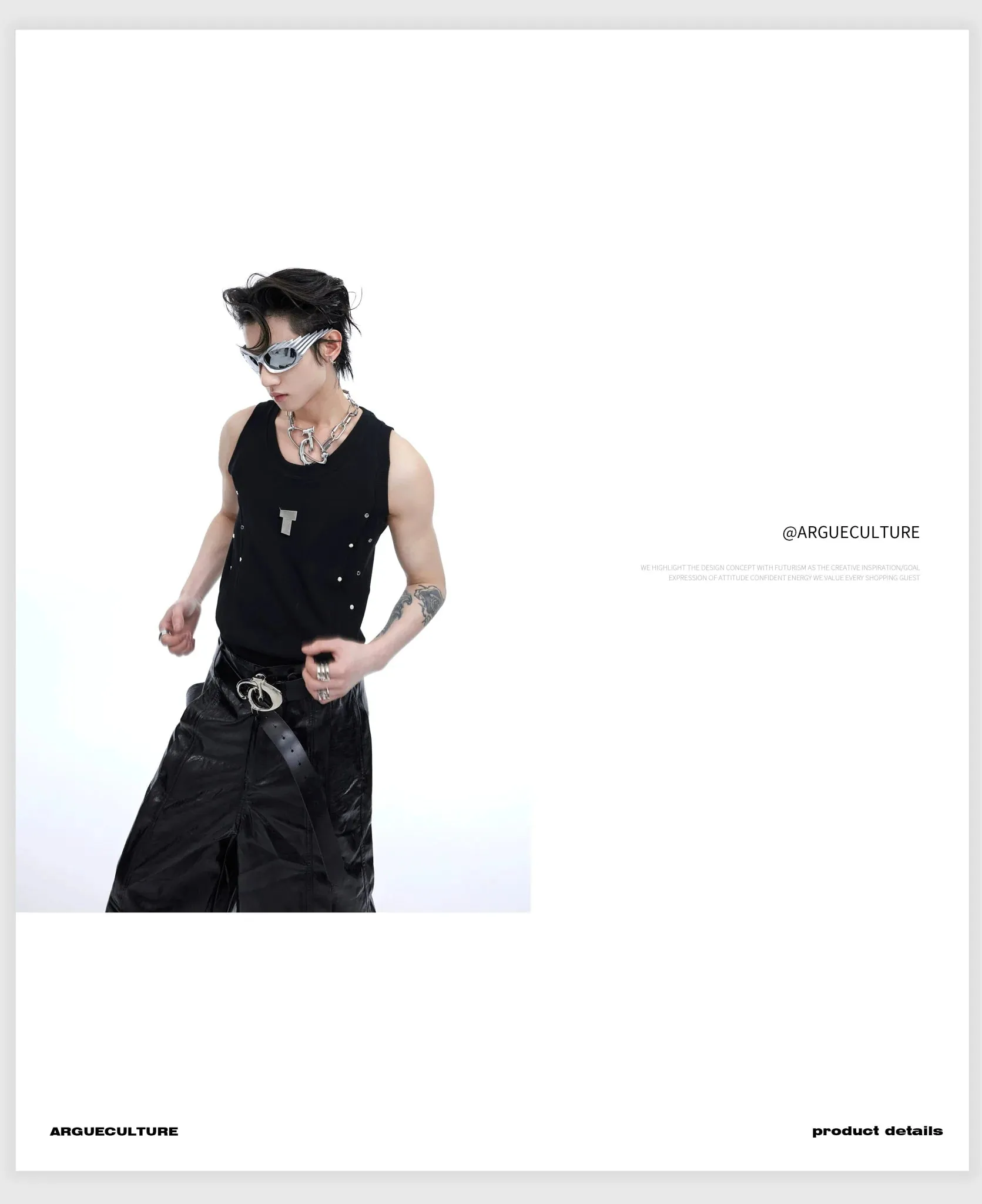 Men's Punk Sports Slim-Fit Tank Top with Metallic Accents & Line Pleated