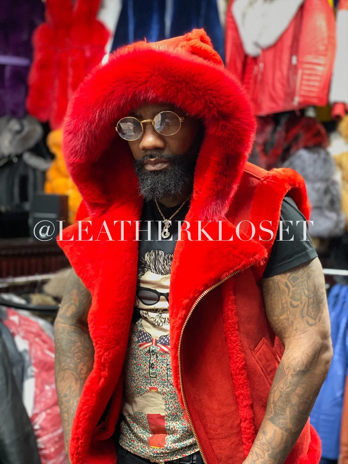 Men's Real Sheepskin Shearling Vest With Fox [Red]