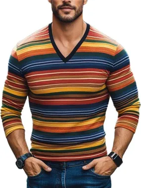 Men's Striped V-Neck Long Sleeve T-Shirt