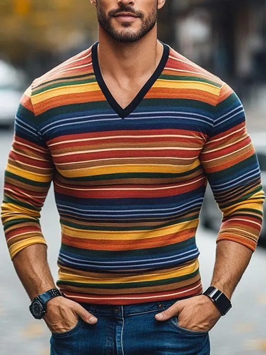 Men's Striped V-Neck Long Sleeve T-Shirt