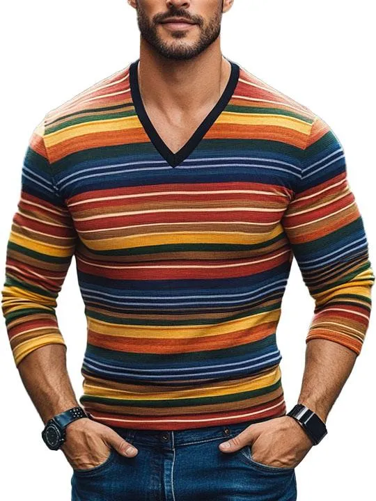 Men's Striped V-Neck Long Sleeve T-Shirt