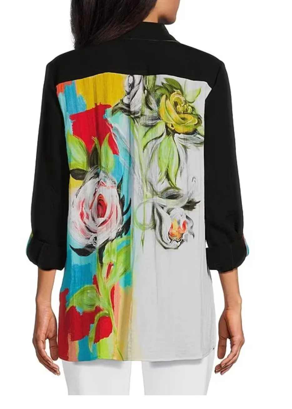 Multiples Black/Multi Button Front Shirt