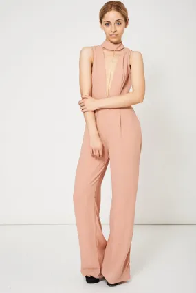 Nude Choker Neck Jumpsuit With Necklace Detail