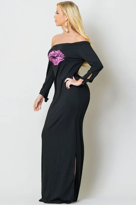 OFF SHOULDER KISS MAXI DRESS