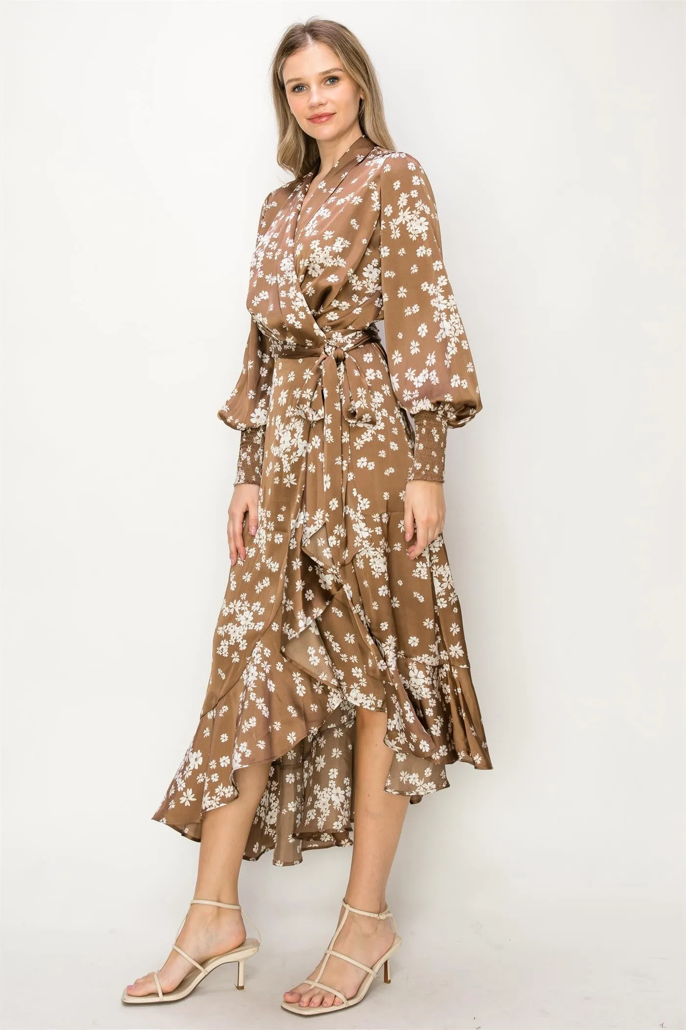OL24A082-Satin V-Neck Wrap Unbalanced Maxi Dress