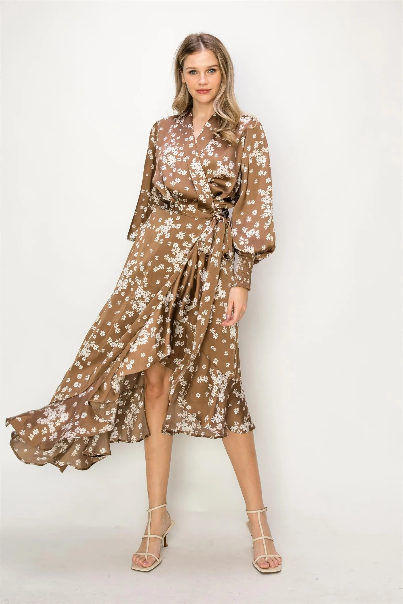 OL24A082-Satin V-Neck Wrap Unbalanced Maxi Dress