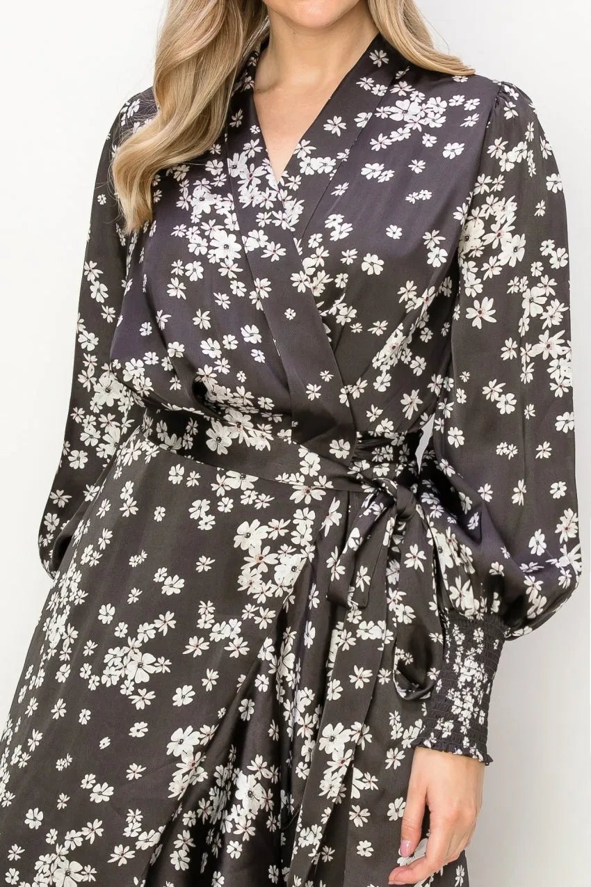 OL24A082-Satin V-Neck Wrap Unbalanced Maxi Dress