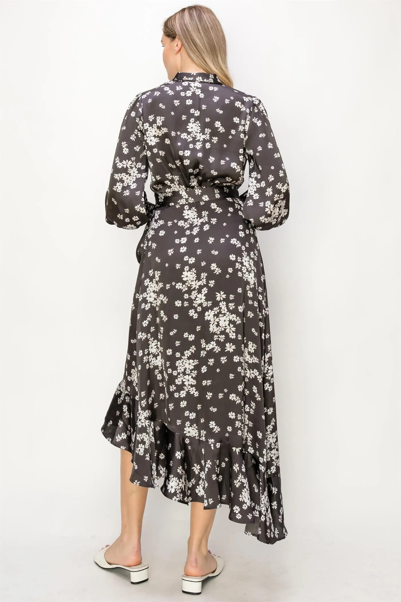 OL24A082-Satin V-Neck Wrap Unbalanced Maxi Dress