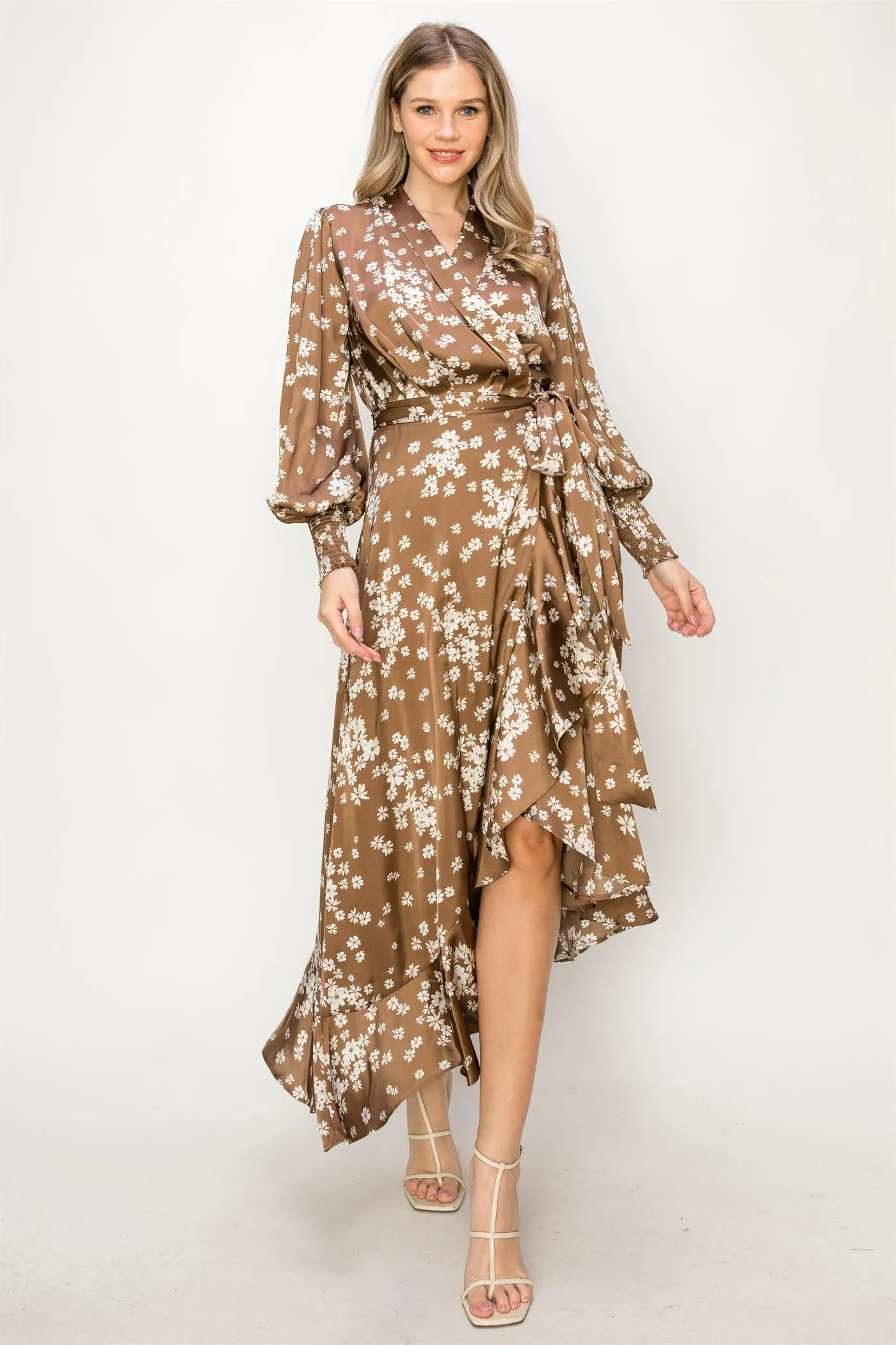 OL24A082-Satin V-Neck Wrap Unbalanced Maxi Dress