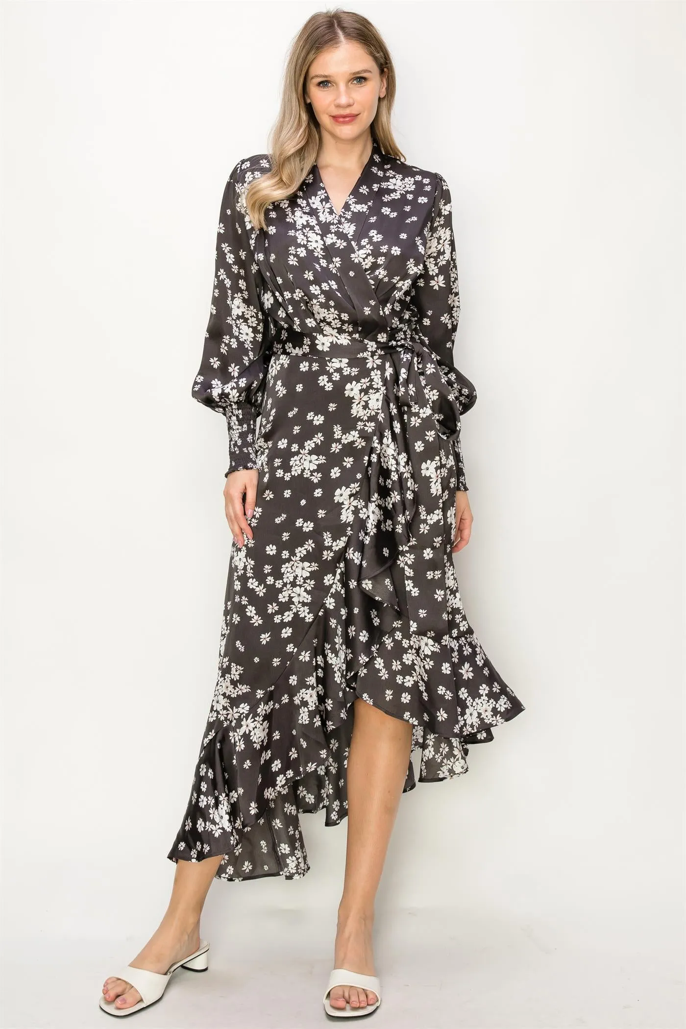 OL24A082-Satin V-Neck Wrap Unbalanced Maxi Dress