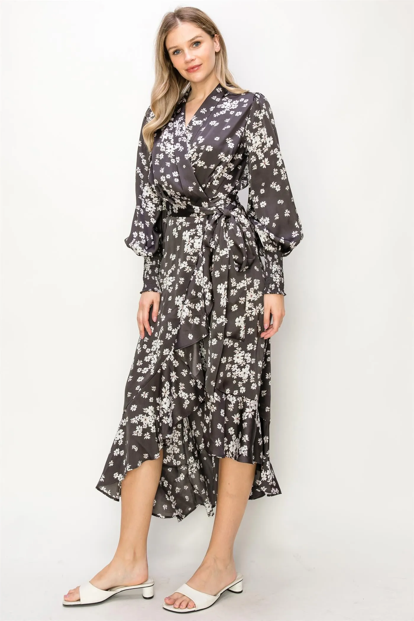 OL24A082-Satin V-Neck Wrap Unbalanced Maxi Dress
