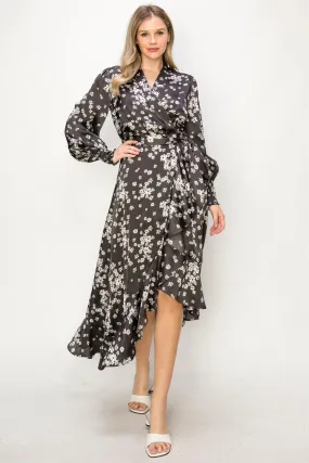 OL24A082-Satin V-Neck Wrap Unbalanced Maxi Dress