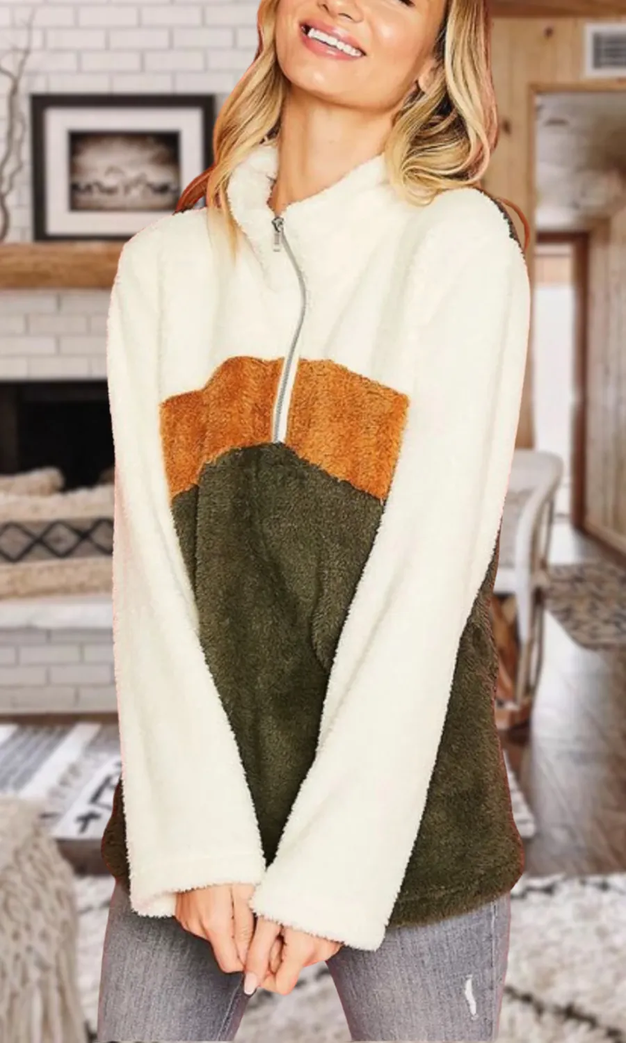 Olive Color Block Sherpa