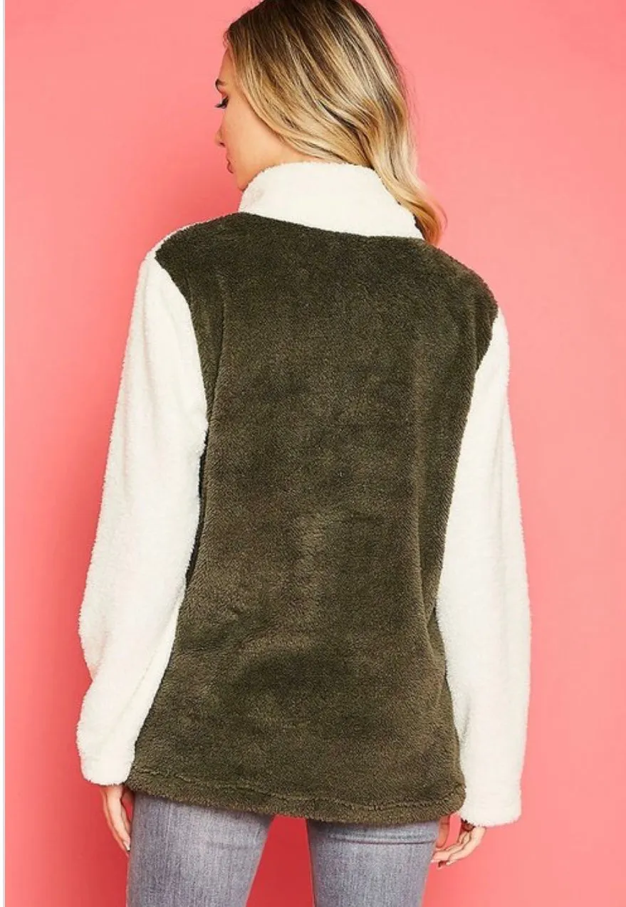 Olive Color Block Sherpa