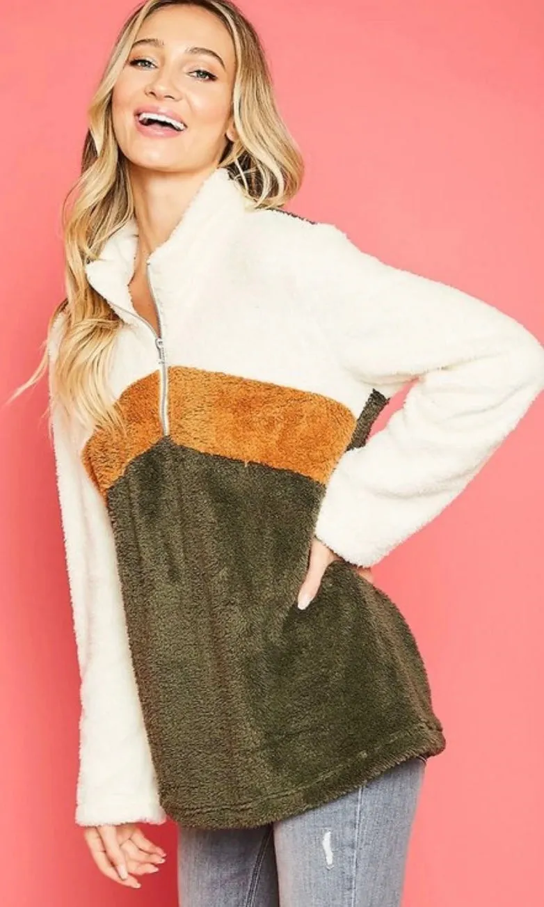 Olive Color Block Sherpa