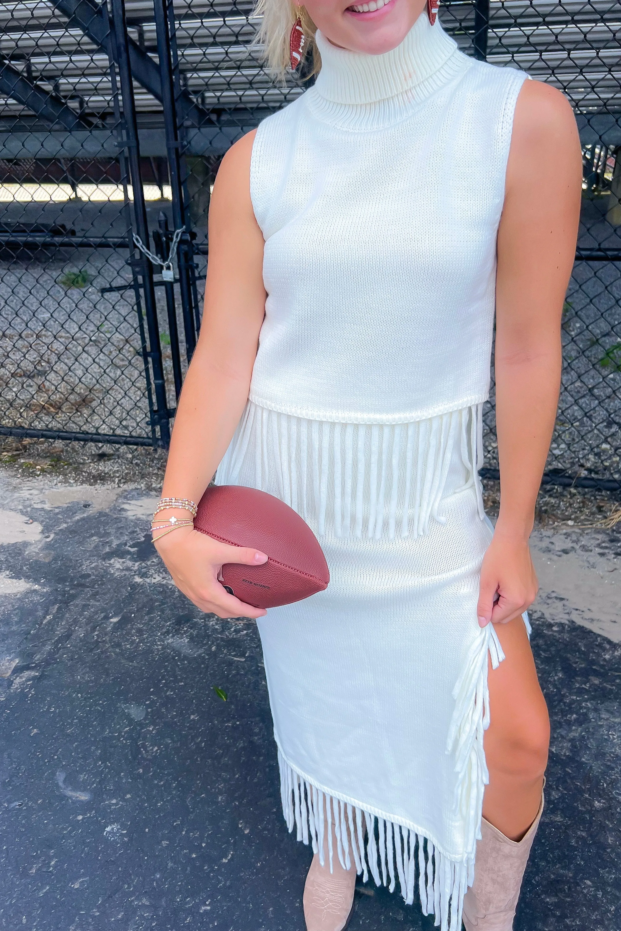 On the Road Ivory Fringe Knit Maxi Skirt