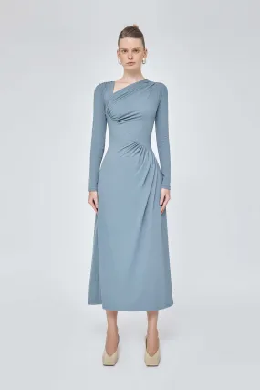 One shoulder long sleeve ruched midi elegant dress- Layla