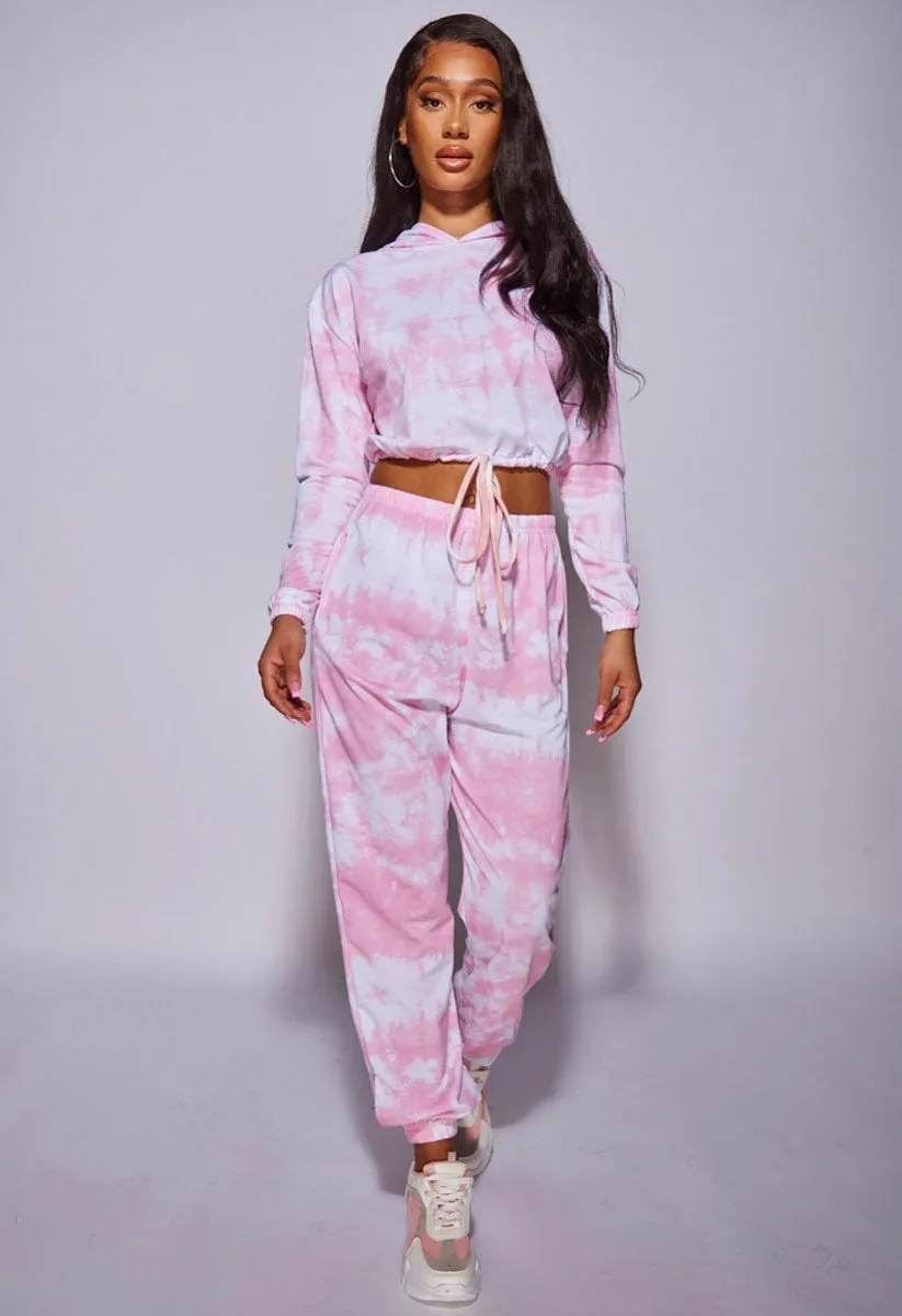 Pink White Tie Dye Cropped Hoodie & Jogger Lounge Set