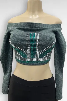 Rhinestone Off Shoulder Sweater Crop Top