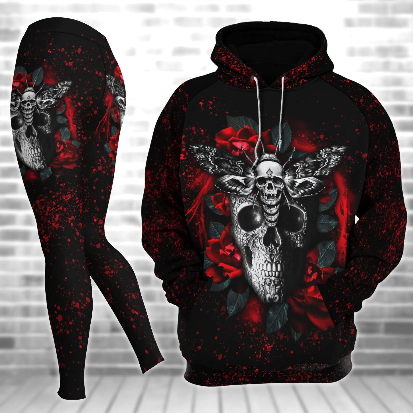 Rose Butterfly Skull Gothic Artwork Combo Hoodie and Leggings
