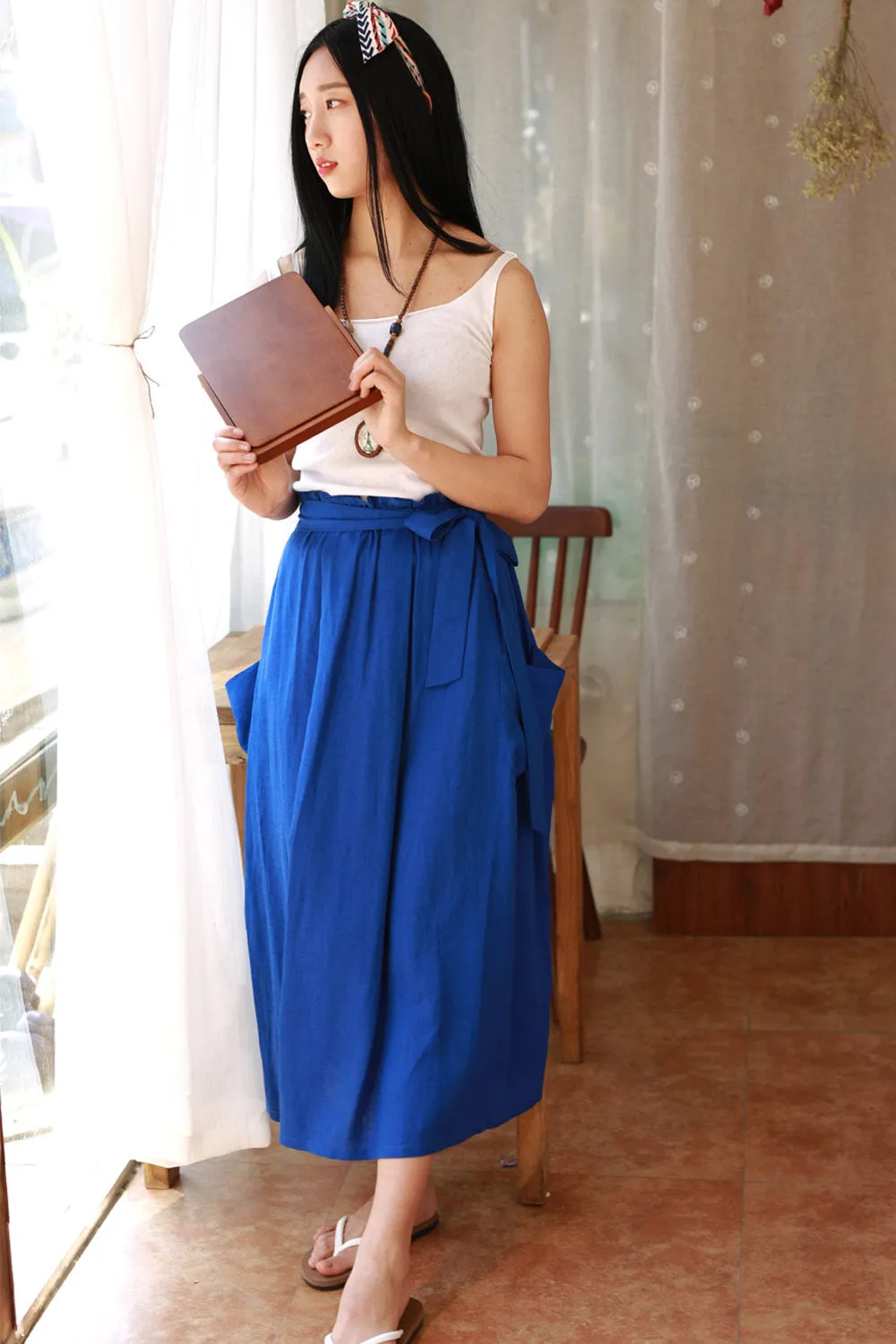Royal blue maxi linen skirt with elasit waist and self belt 2171#