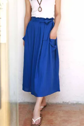 Royal blue maxi linen skirt with elasit waist and self belt 2171#