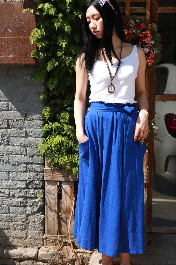 Royal blue maxi linen skirt with elasit waist and self belt 2171#