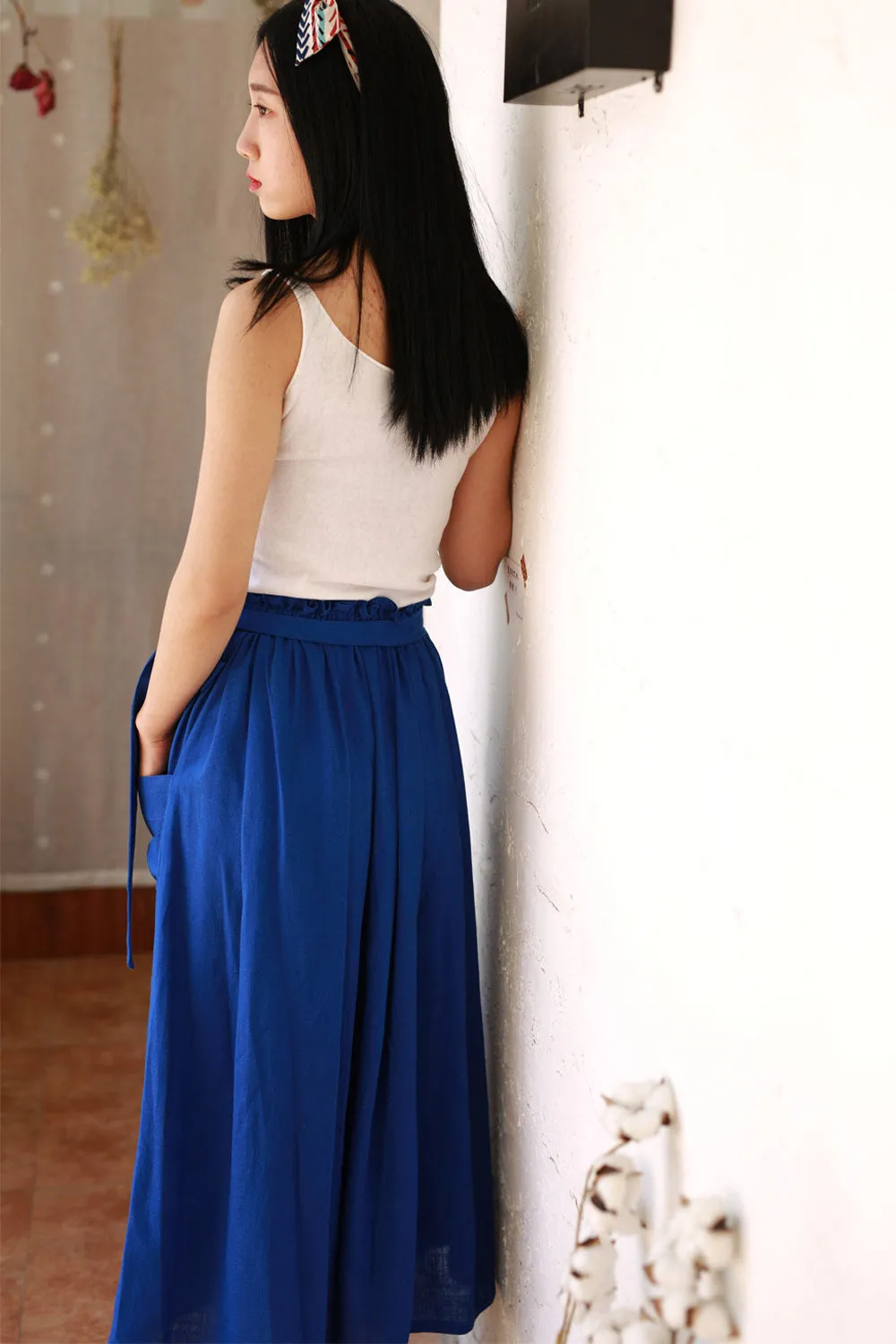 Royal blue maxi linen skirt with elasit waist and self belt 2171#