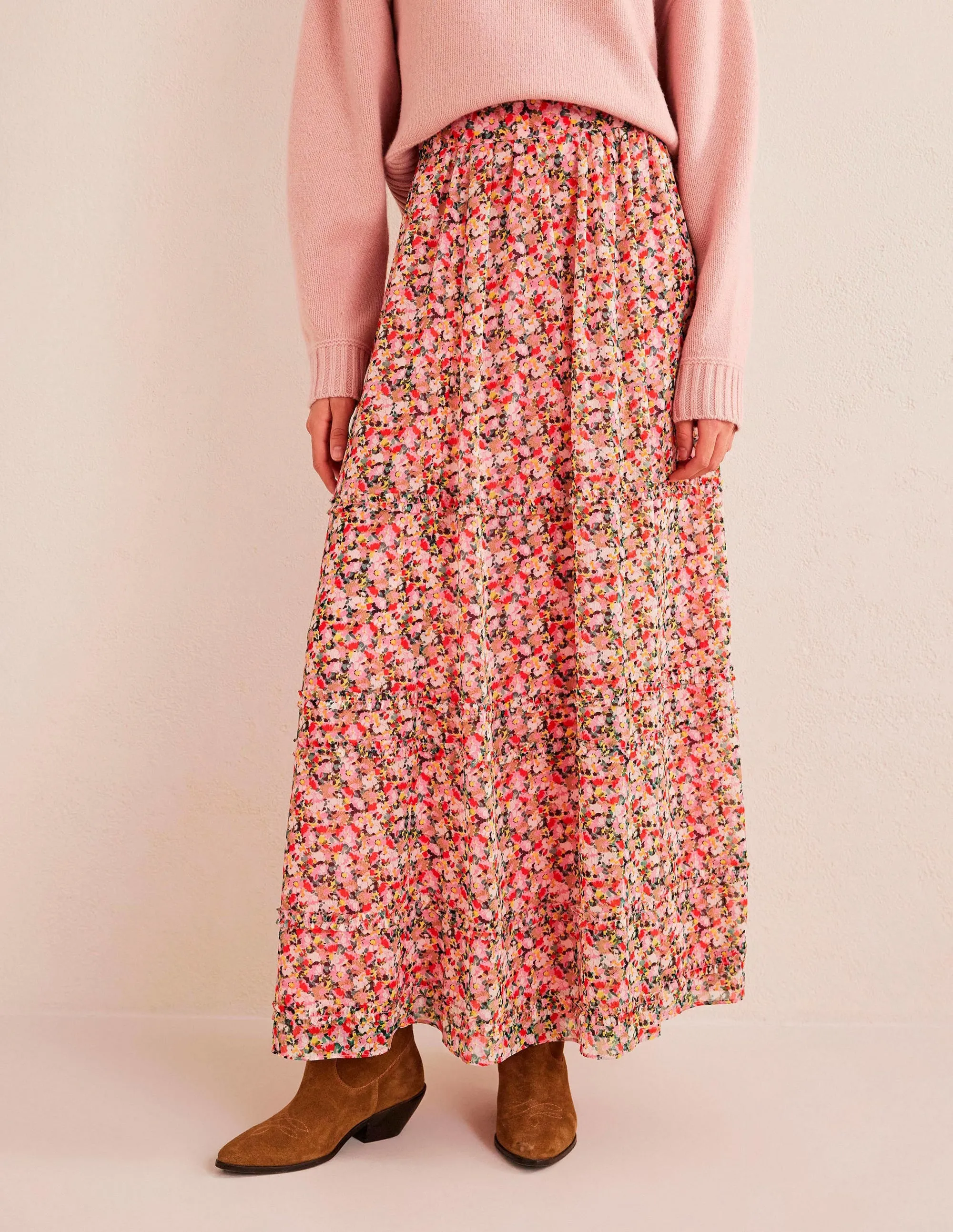 Ruffle Crinkle Maxi Skirt-Multi, Painterly Floret