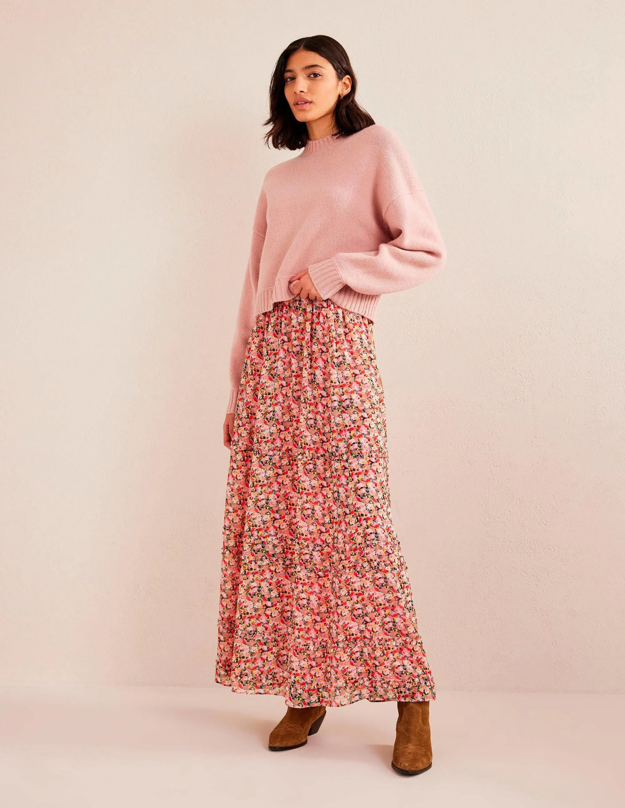 Ruffle Crinkle Maxi Skirt-Multi, Painterly Floret