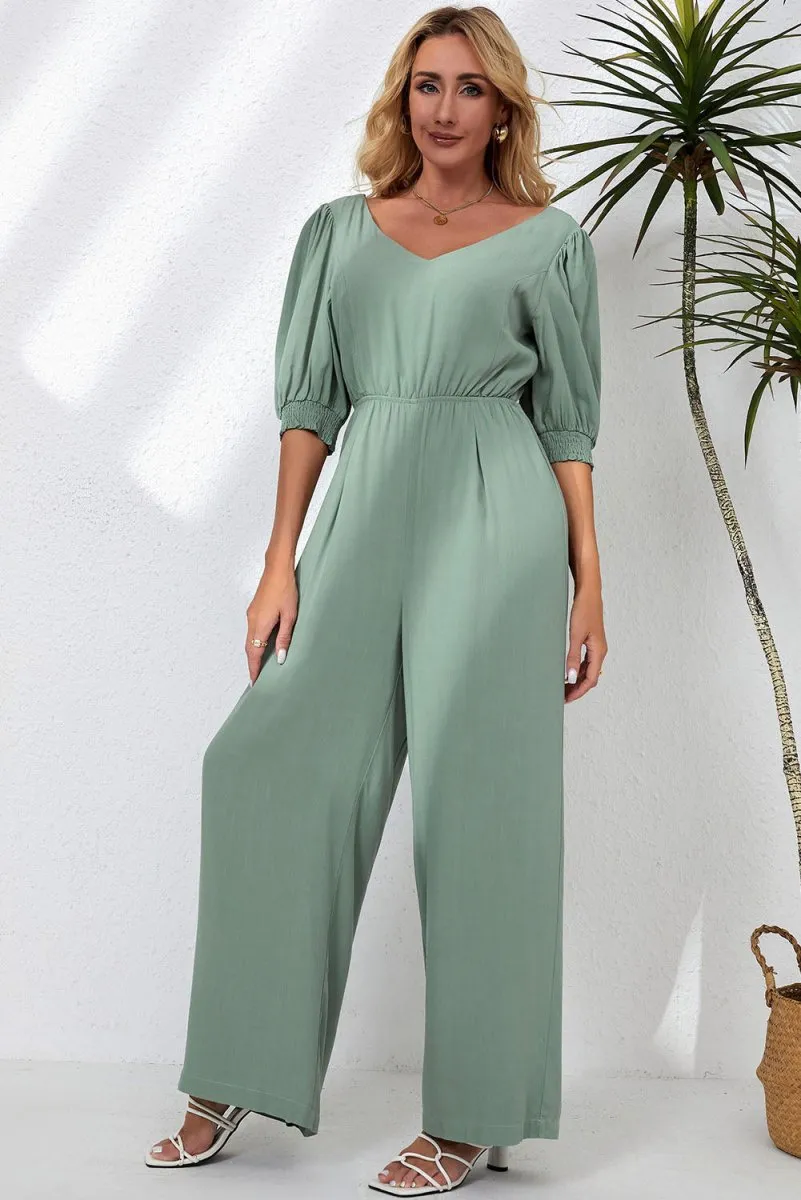 Sage Green Jumpsuit with Half Sleeves V-Neck and Wide Leg