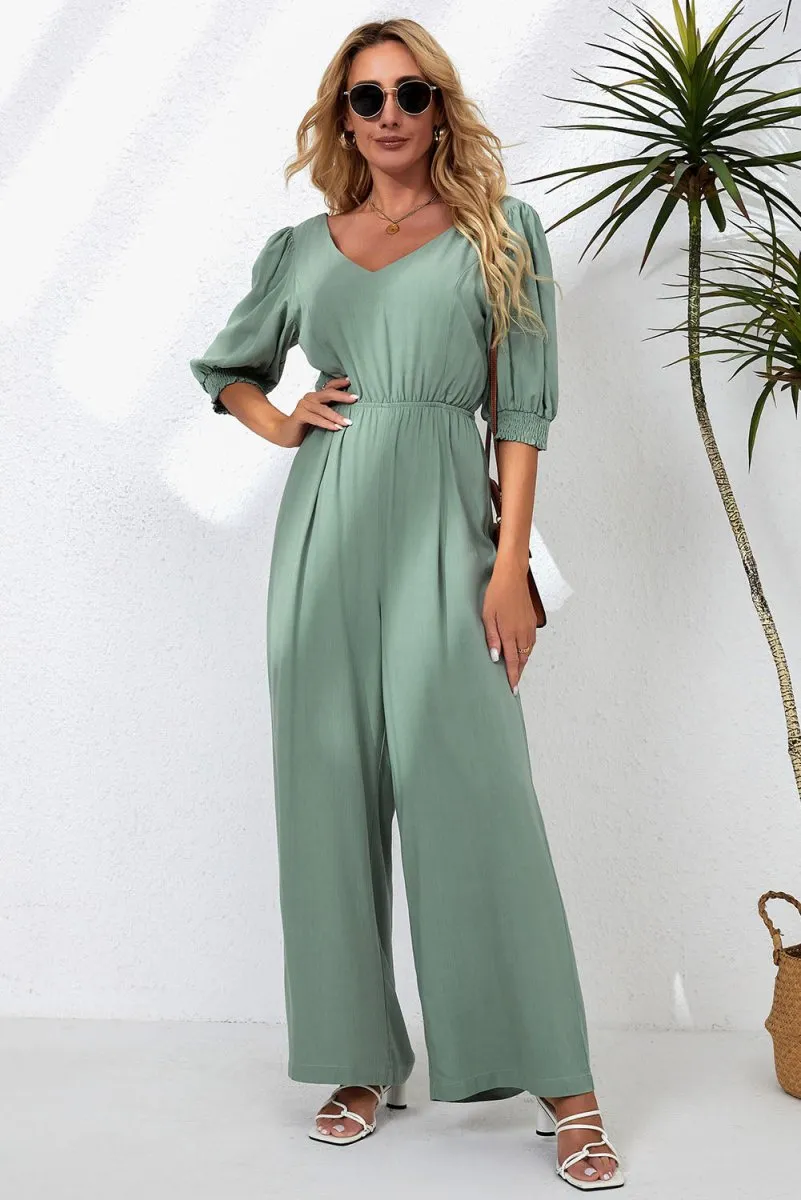 Sage Green Jumpsuit with Half Sleeves V-Neck and Wide Leg
