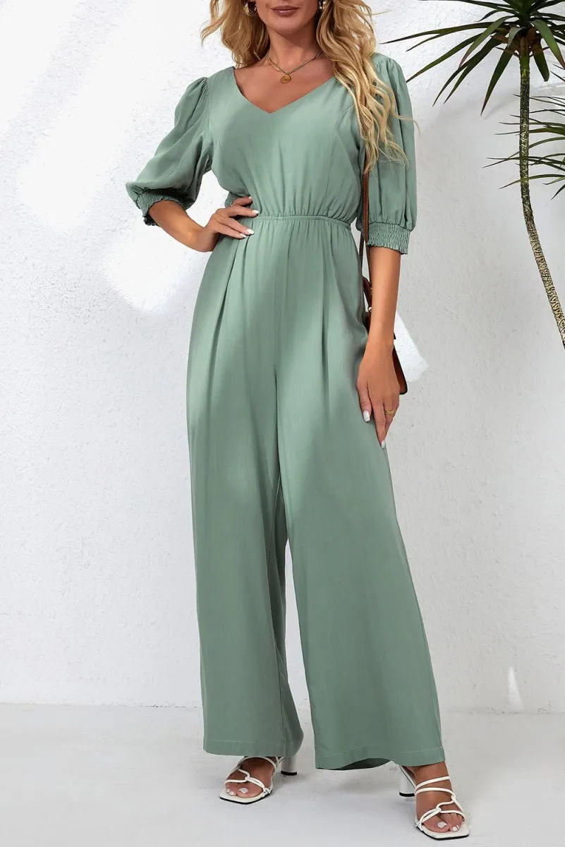 Sage Green Jumpsuit with Half Sleeves V-Neck and Wide Leg