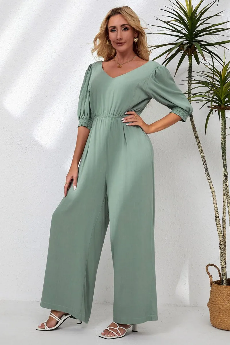 Sage Green Jumpsuit with Half Sleeves V-Neck and Wide Leg