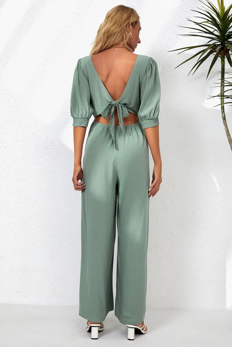 Sage Green Jumpsuit with Half Sleeves V-Neck and Wide Leg
