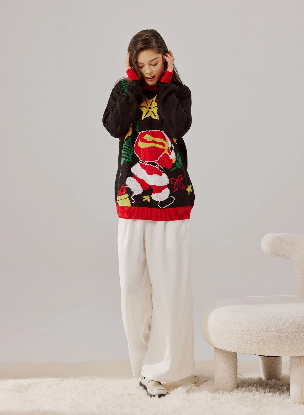 Santa Gift Pattern Ugly Christmas Knitted Pullover Sweater