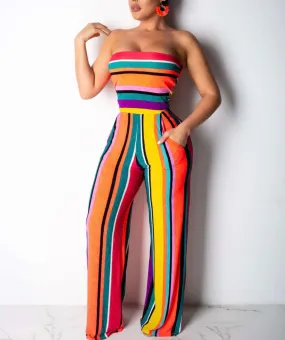 Sexy Comfortable Colorful Striped Strapless Jumpsuit