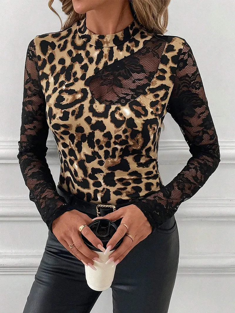 Sexy Lace Patchwork Irregular Neckline T-shirt