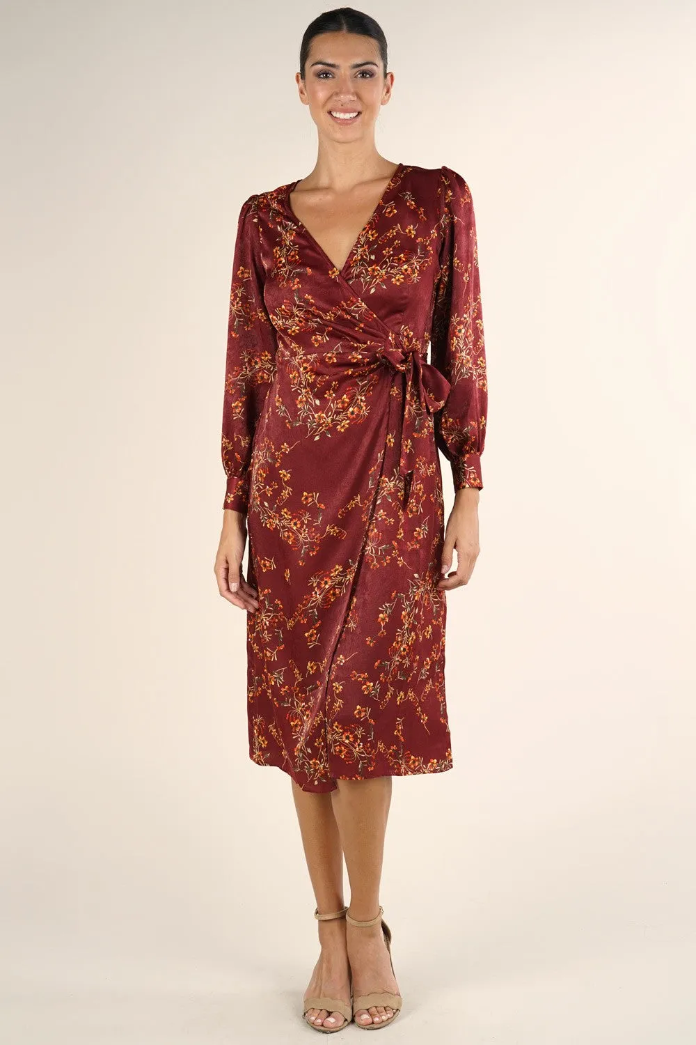 Silky Floral Midi Wrap Dress