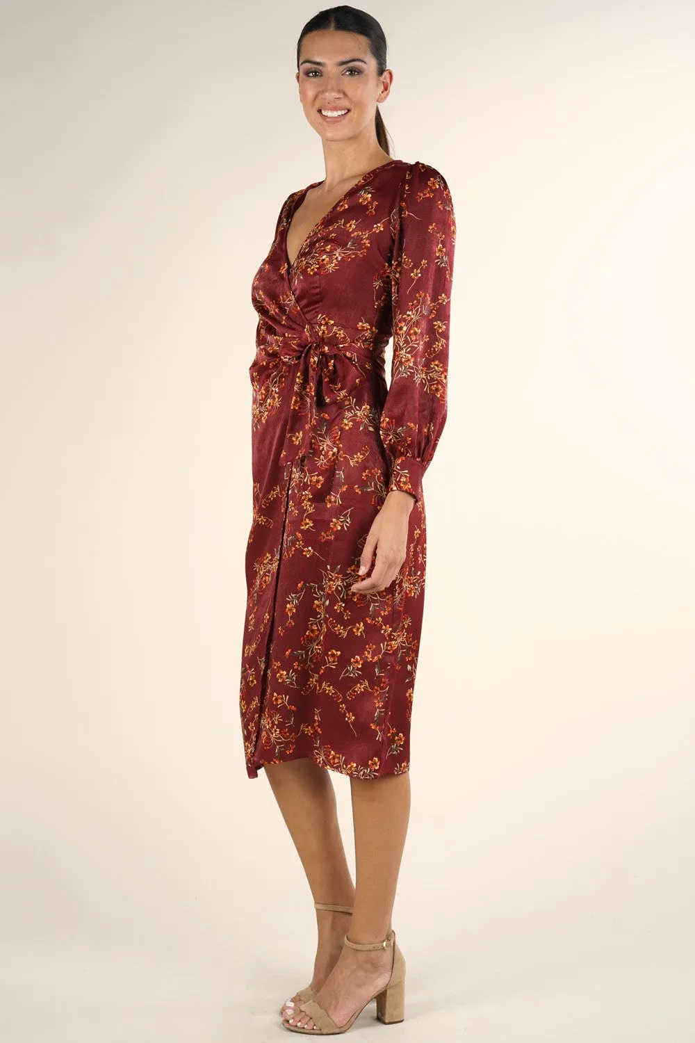 Silky Floral Midi Wrap Dress