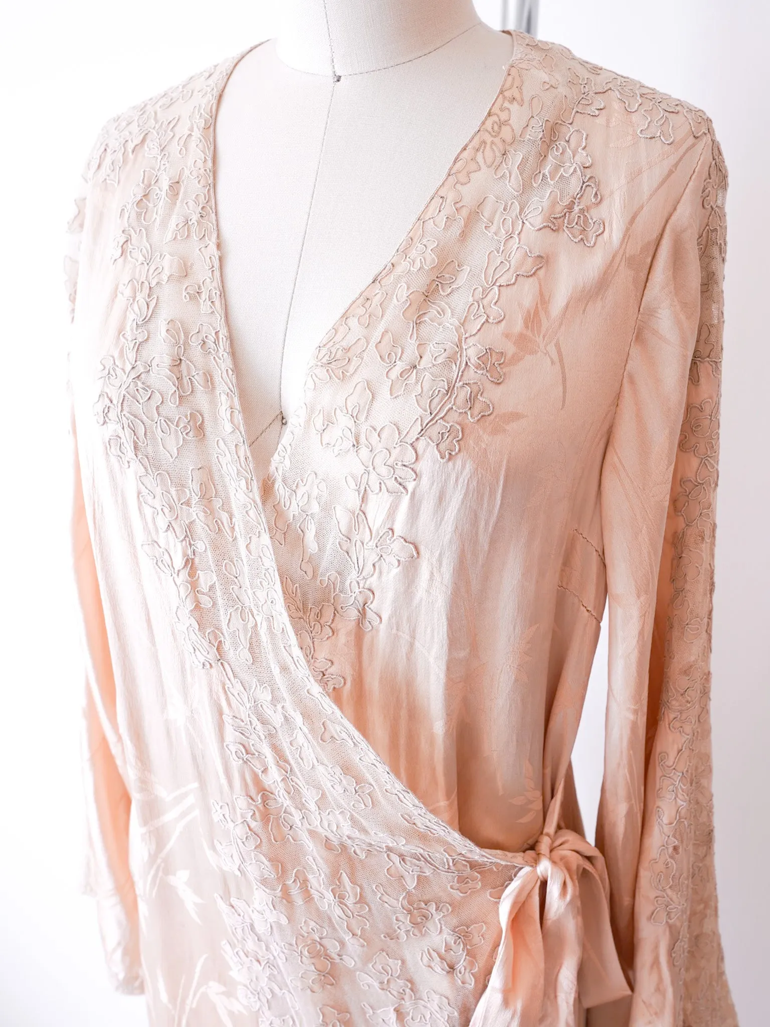 Soft Peach Satin & Lace Wrap Dress