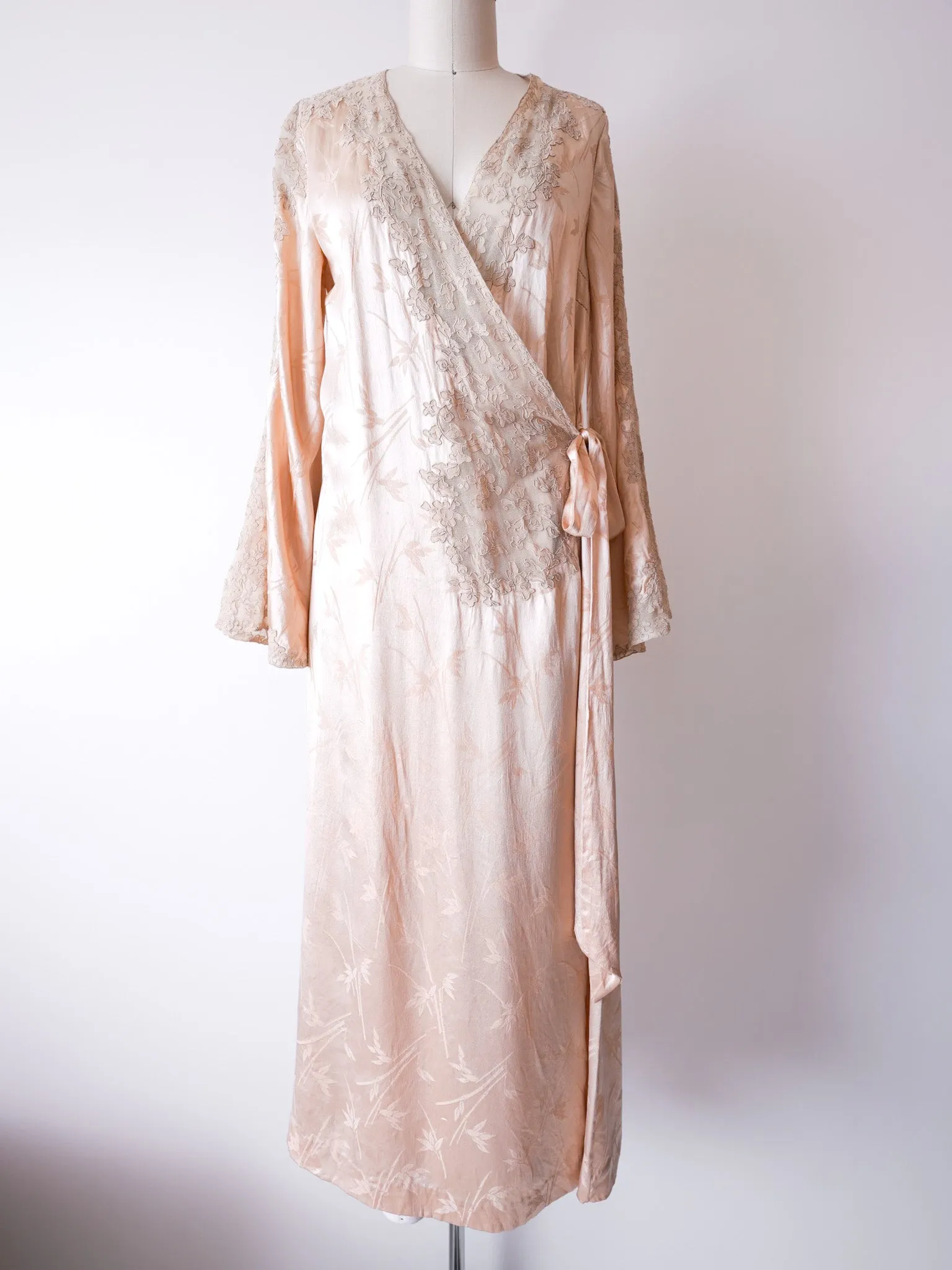 Soft Peach Satin & Lace Wrap Dress