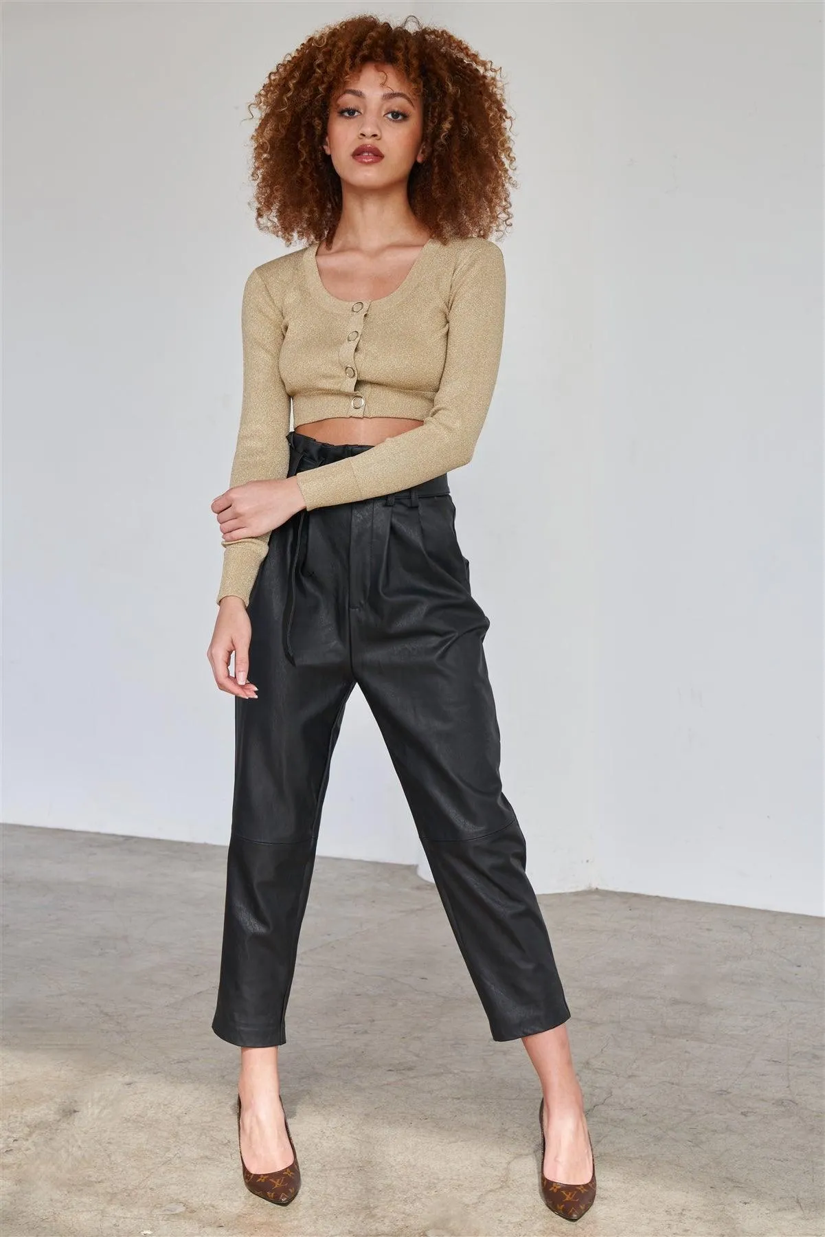 Sparkly Metallic Gold Long Sleeve Crop Cardigan Sweater Top /2-2-2