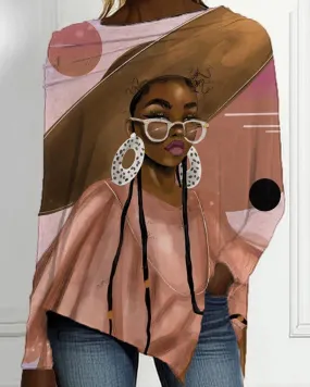 Stylish Cartoon Black Girl Print Irregular Ladies Top