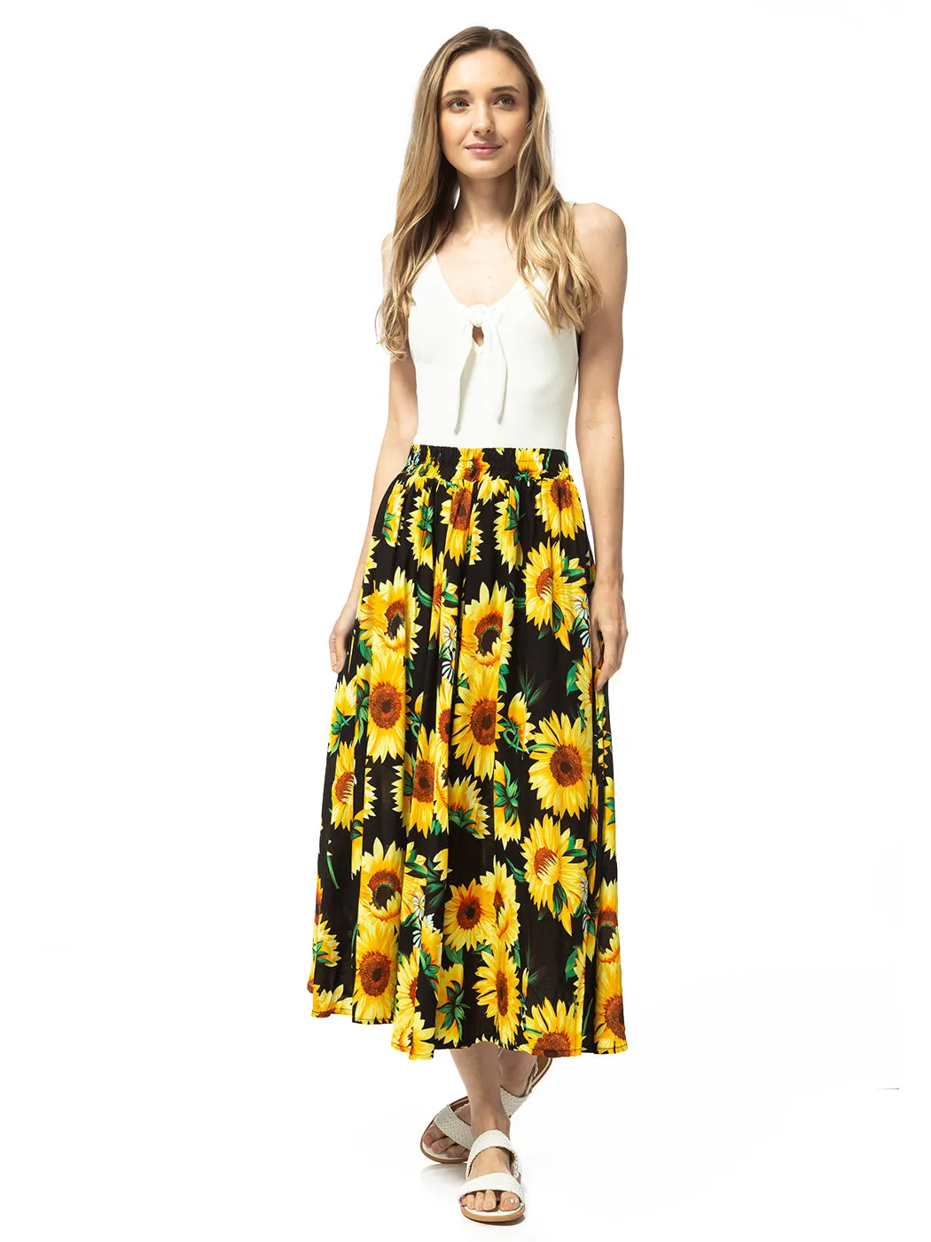 Sunflower Print Midi Maxi Skirt