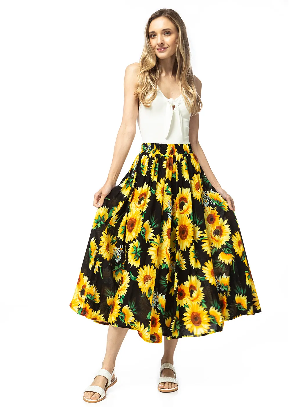 Sunflower Print Midi Maxi Skirt